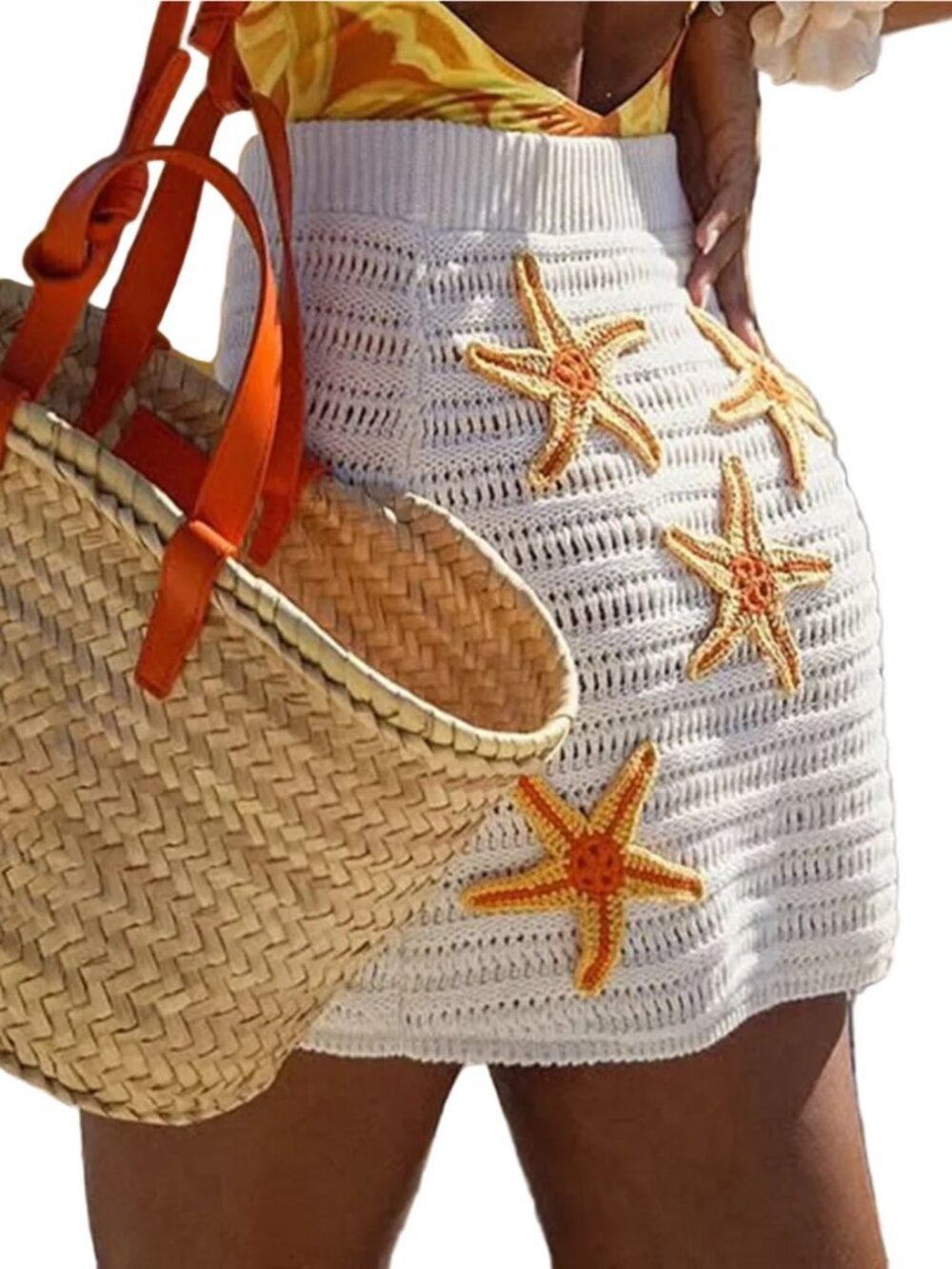 Crochet Starfish Swim Cover-Up Skirt Openwork Granny Knit Mini Nautical Mermaid - Picture 7 of 10